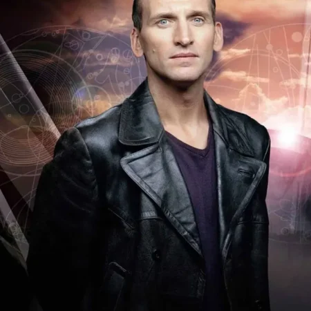 9th Doctor Who Black Leather Jacket Front Look webp