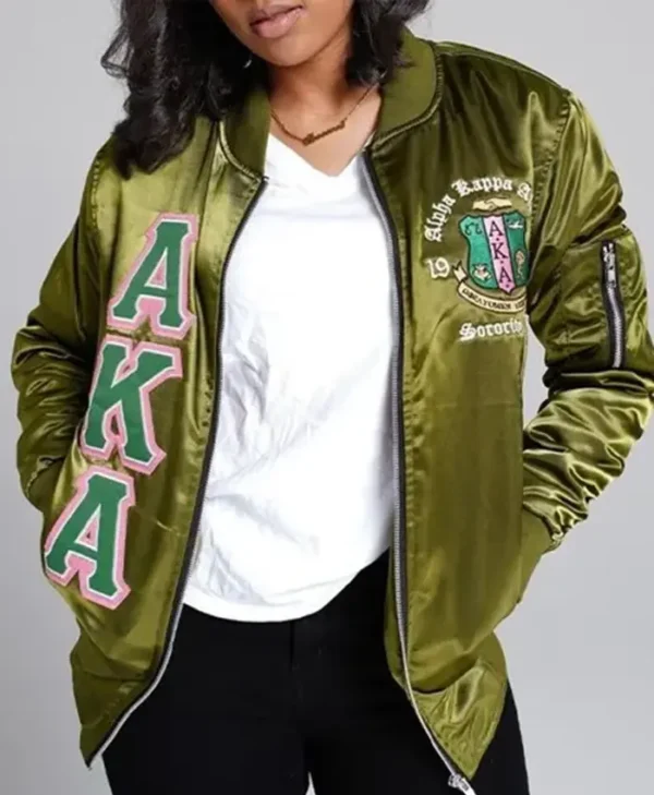 AKA Green Satin Bomber Jacket webp