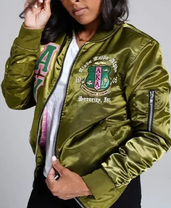 AKA Green Satin Bomber Jacket For Sale webp
