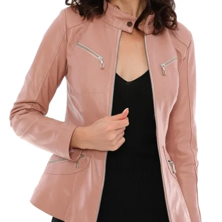 Amey Pink Leather Moto Jacket For Womens Main webp