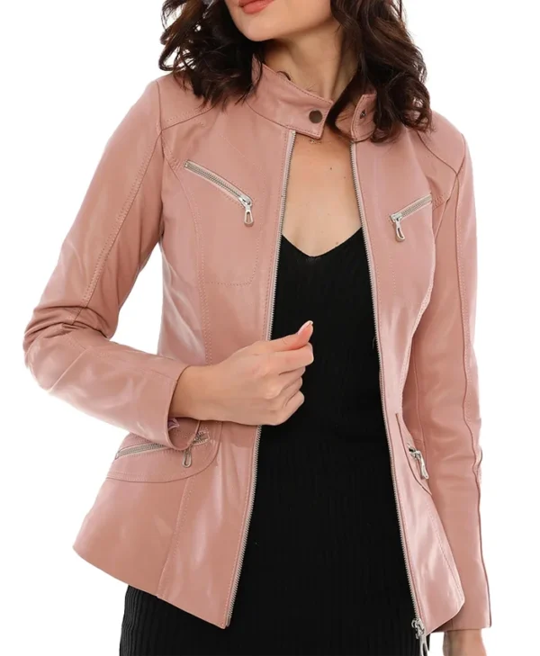 Amey Pink Leather Moto Jacket For Womens Main webp