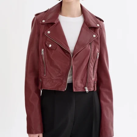 Ana Leather Burgundy Cropped Jacket Main webp