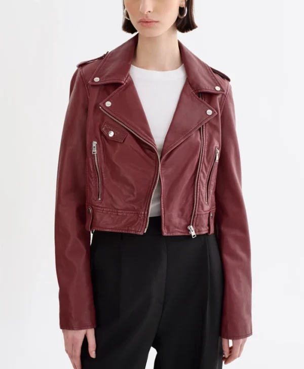 Ana Leather Burgundy Cropped Jacket Main webp