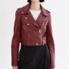 Ana Leather Burgundy Cropped Jacket Zipper webp