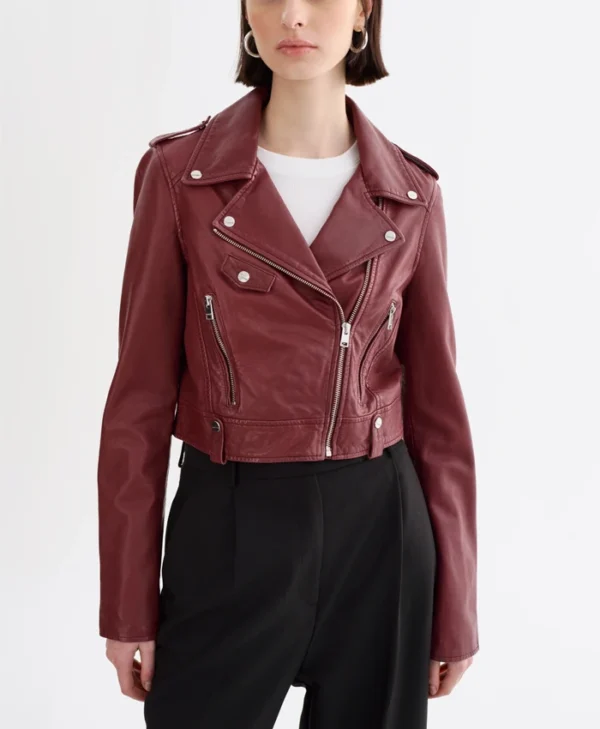 Ana Leather Burgundy Cropped Jacket Zipper webp