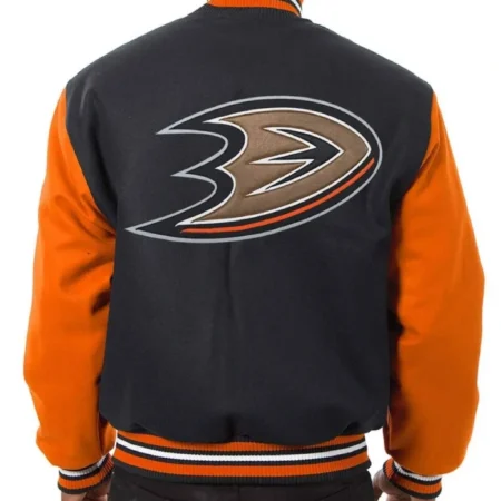 Anaheim Ducks Black and Orange Two Tone WoolLeather Varsity Jacket webp