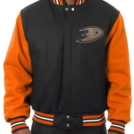 Anaheim Ducks Black and Orange WoolLeather Varsity Jacket webp