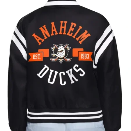 Anaheim Ducks Round Team Logo Full Snap Varsity Satin Jacket webp