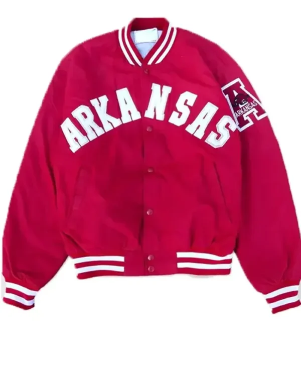 Arkansas Razorbacks 1980s Red Satin Varsity Jacket webp