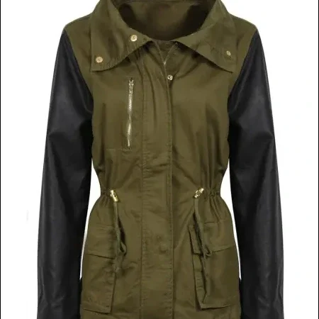 Army Green Jacket with Leather Sleeves