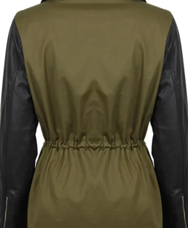 Army Green Jacket with Leather Sleeves On Sale