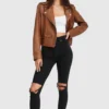 Asymmetrical Ladies Brown Leather Biker Jacket Stand Up webp