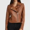 Asymmetrical Ladies Brown Leather Biker Jacket Zipper webp
