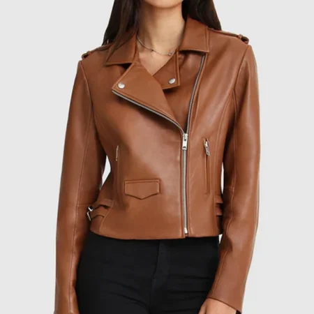 Asymmetrical Ladies Brown Leather Biker Jacket Zipper webp