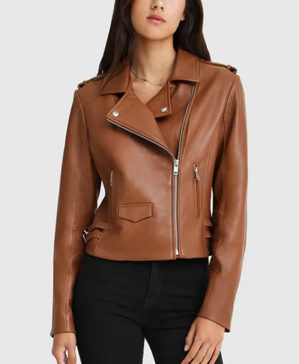 Asymmetrical Ladies Brown Leather Biker Jacket Zipper webp