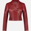 Asymmetrical Womens Red Leather Biker Jacket Front webp