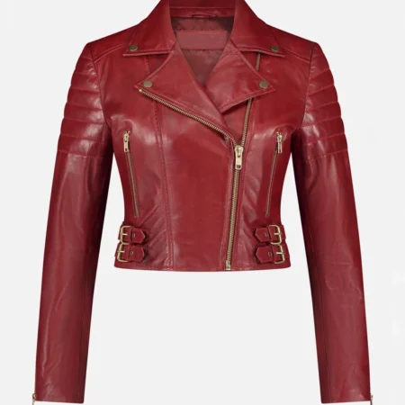 Asymmetrical Womens Red Leather Biker Jacket Front webp