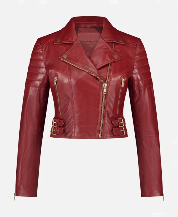 Asymmetrical Womens Red Leather Biker Jacket Front webp