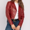 Asymmetrical Womens Red Leather Biker Jacket Main webp
