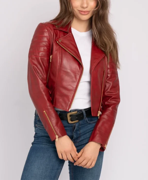 Asymmetrical Womens Red Leather Biker Jacket Main webp