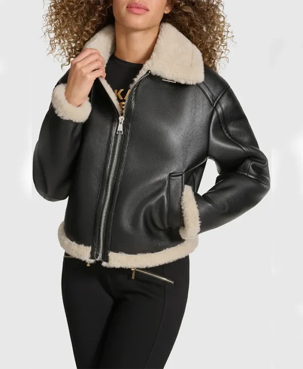 B3 Black Aviator Shearling Coat Womens Main webp