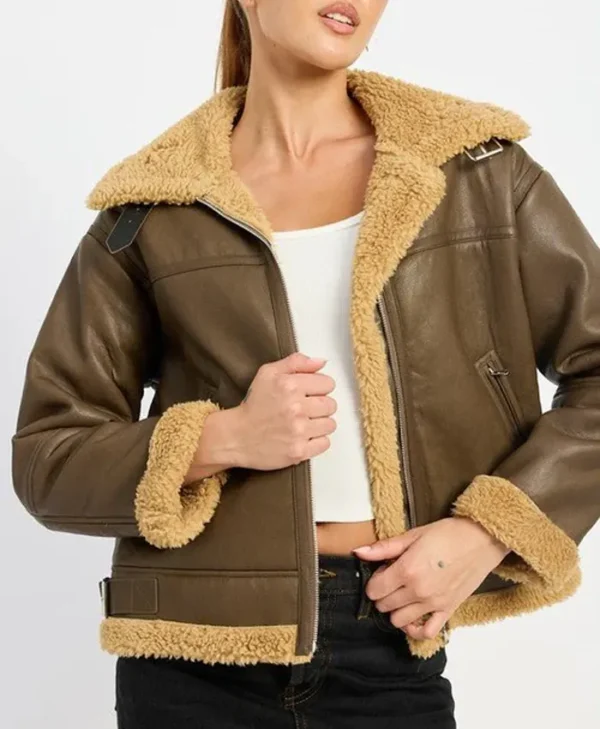 B3 Brown Shearling Flight Pilot Jacket Womens Zipper webp