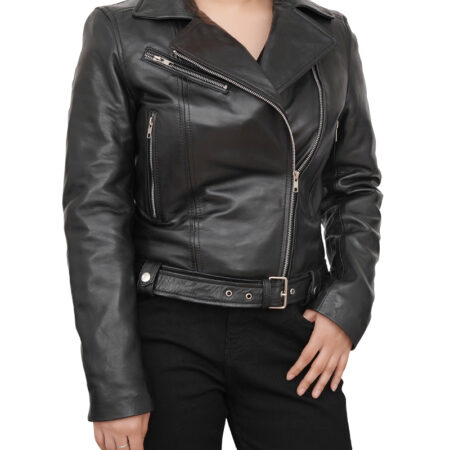Belted Style Black Genuine Leather Motorcycle Jacket jpg