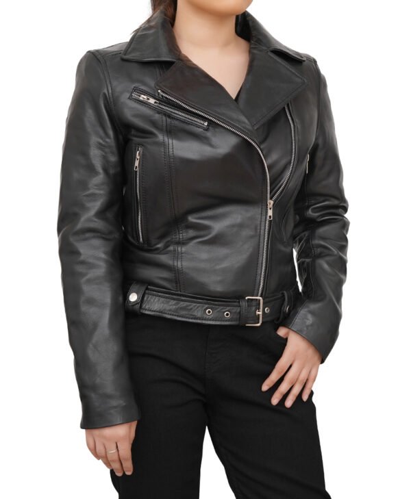 Belted Style Black Genuine Leather Motorcycle Jacket jpg