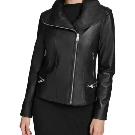 Biker Collar Womens Black Leather Jacket Main webp