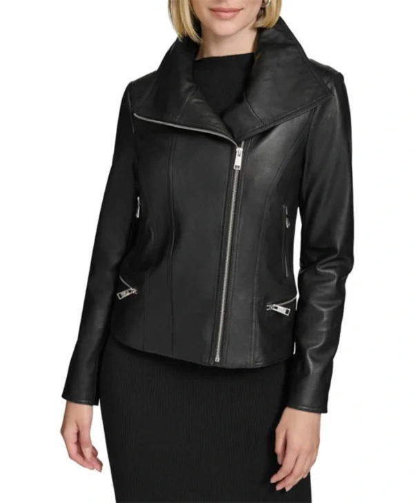 Biker Collar Womens Black Leather Jacket Main webp