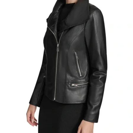 Biker Collar Womens Black Leather Jacket Side webp