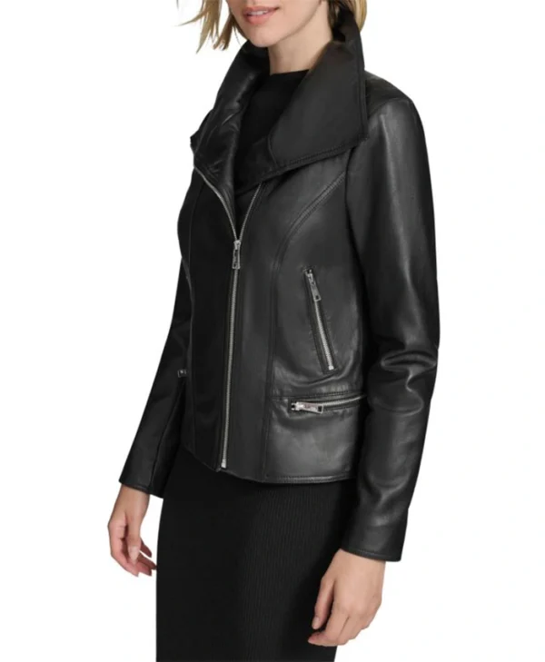 Biker Collar Womens Black Leather Jacket Side webp