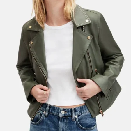 Biker Womens Olive Green Jacket Collar webp