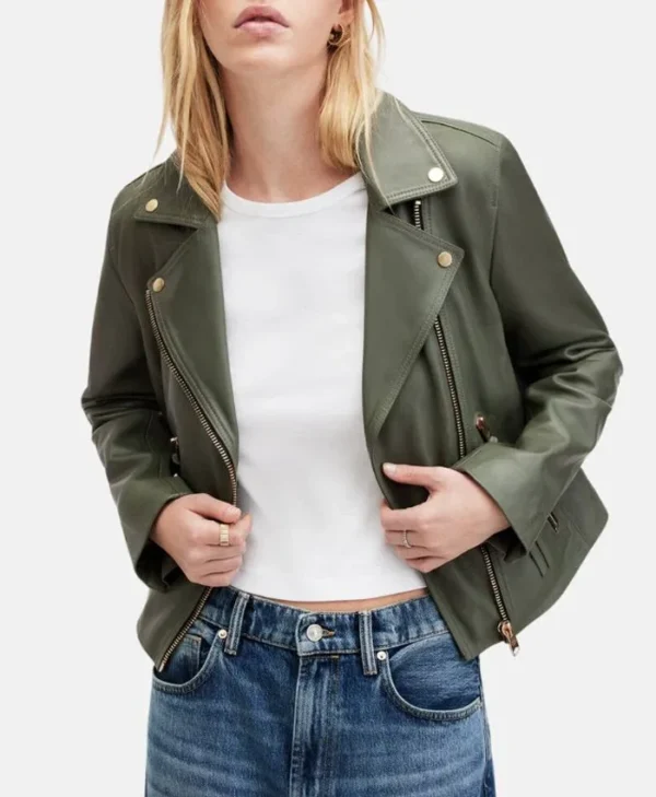 Biker Womens Olive Green Jacket Collar webp