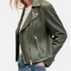 Biker Womens Olive Green Jacket Pockets webp