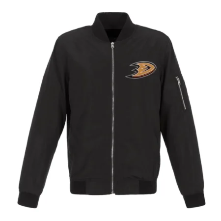 Black Anaheim Ducks Nylon Lightweight Full Zip Bomber Jacket webp