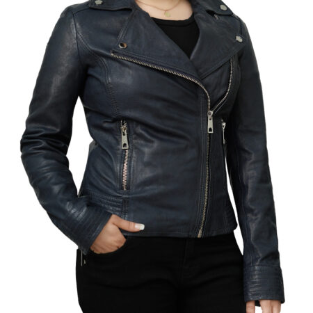 Black Asymmetrical Biker Laple Collar Style Leather Jacket jpg