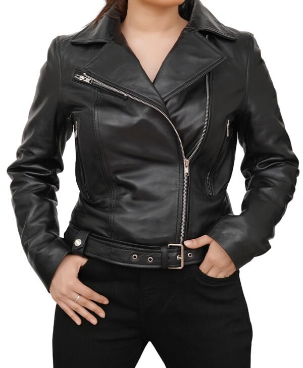 Black Asymmetrical Leather Motorcycle Jacket For Womens jpg