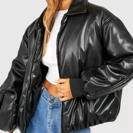 Black Faux Leather Bomber Jacket webp