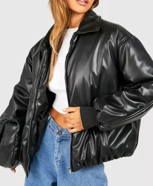 Black Faux Leather Bomber Jacket webp