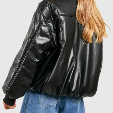 Black Faux Leather Bomber Jacket Back webp