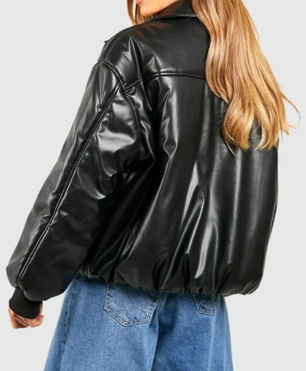 Black Faux Leather Bomber Jacket Back webp