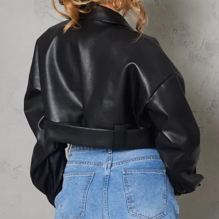 Black Oversized Cropped Leather Jacket Back webp