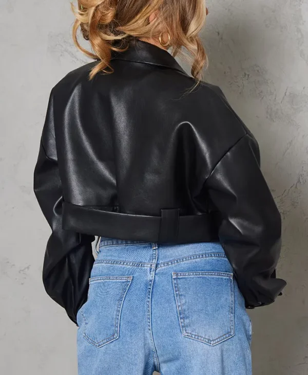 Black Oversized Cropped Leather Jacket Back webp