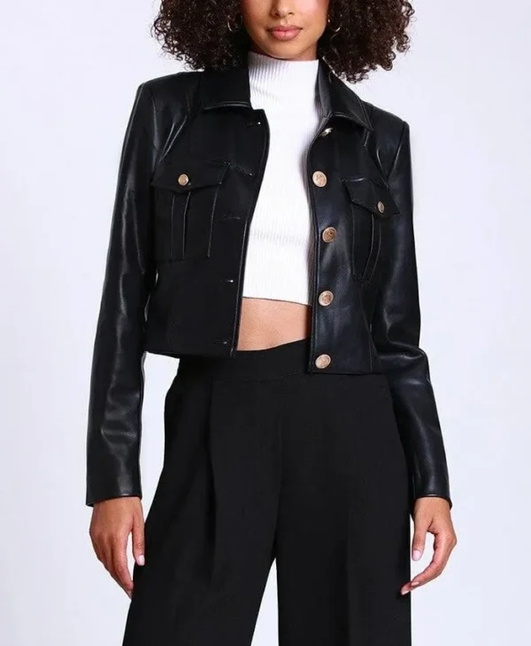 Black Victoria Military Style Cropped Leather Jacket Womens Main webp