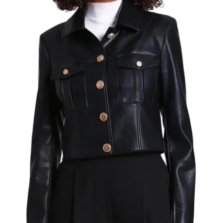 Black Victoria Military Style Cropped Leather Jacket Womens Side webp
