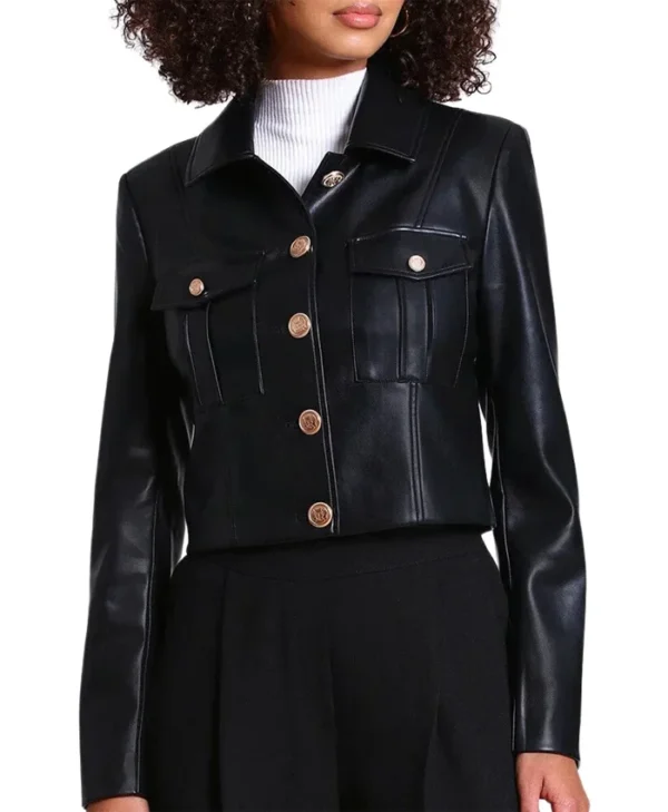 Black Victoria Military Style Cropped Leather Jacket Womens Side webp