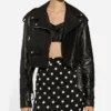 Black Womens Biker Cropped Leather Jacket Front webp