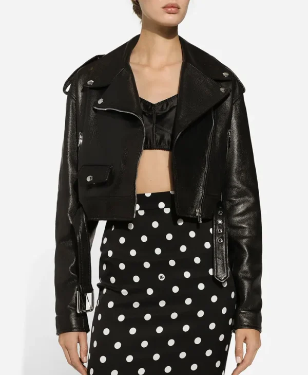 Black Womens Biker Cropped Leather Jacket Front webp