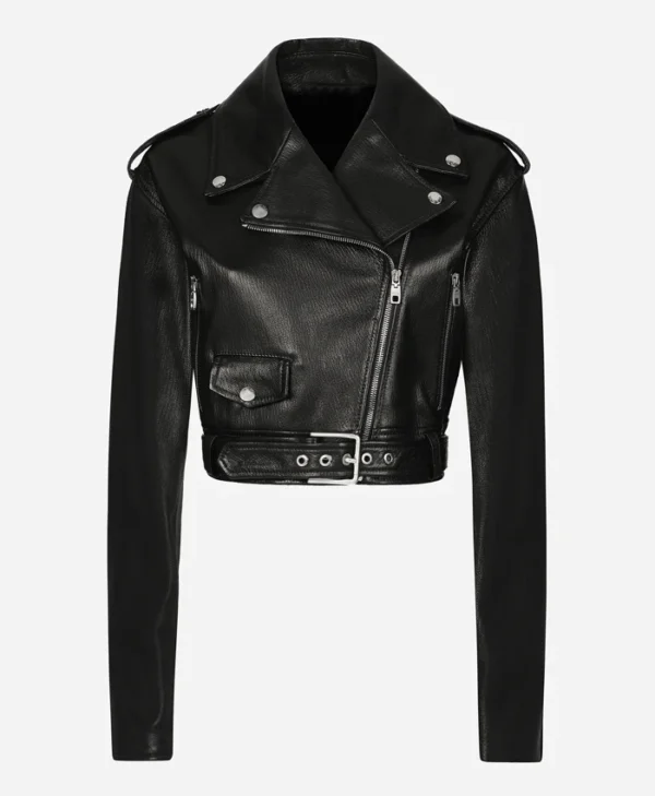 Black Womens Biker Cropped Leather Jacket Main webp
